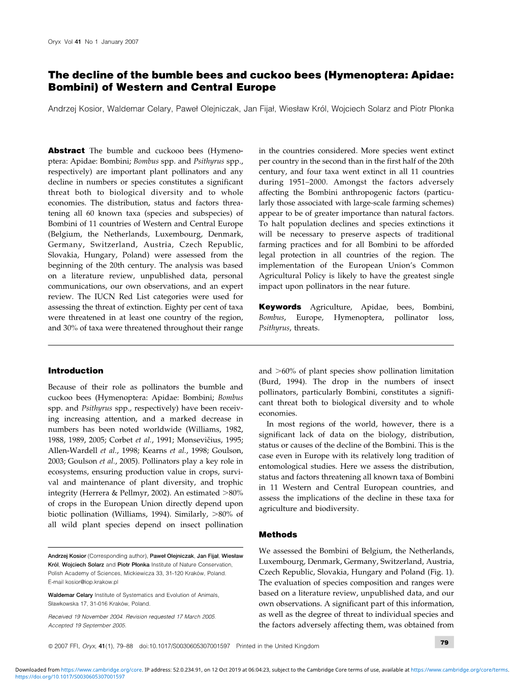 The Decline of the Bumble Bees and Cuckoo Bees (Hymenoptera: Apidae: Bombini) of Western and Central Europe