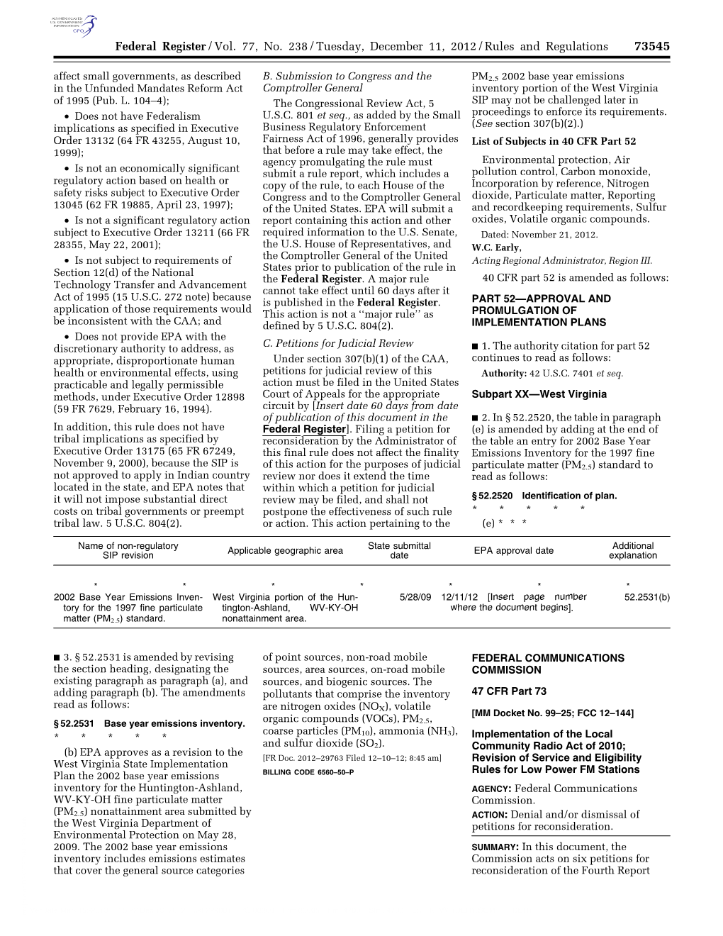 Federal Register/Vol. 77, No. 238/Tuesday, December 11, 2012