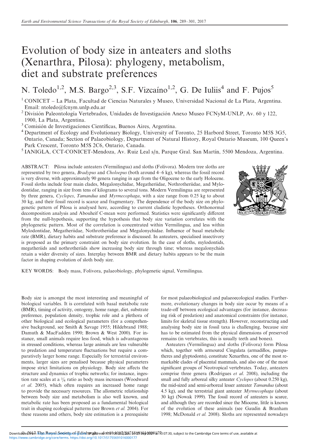 Evolution of Body Size in Anteaters and Sloths (Xenarthra, Pilosa): Phylogeny, Metabolism, Diet and Substrate Preferences N