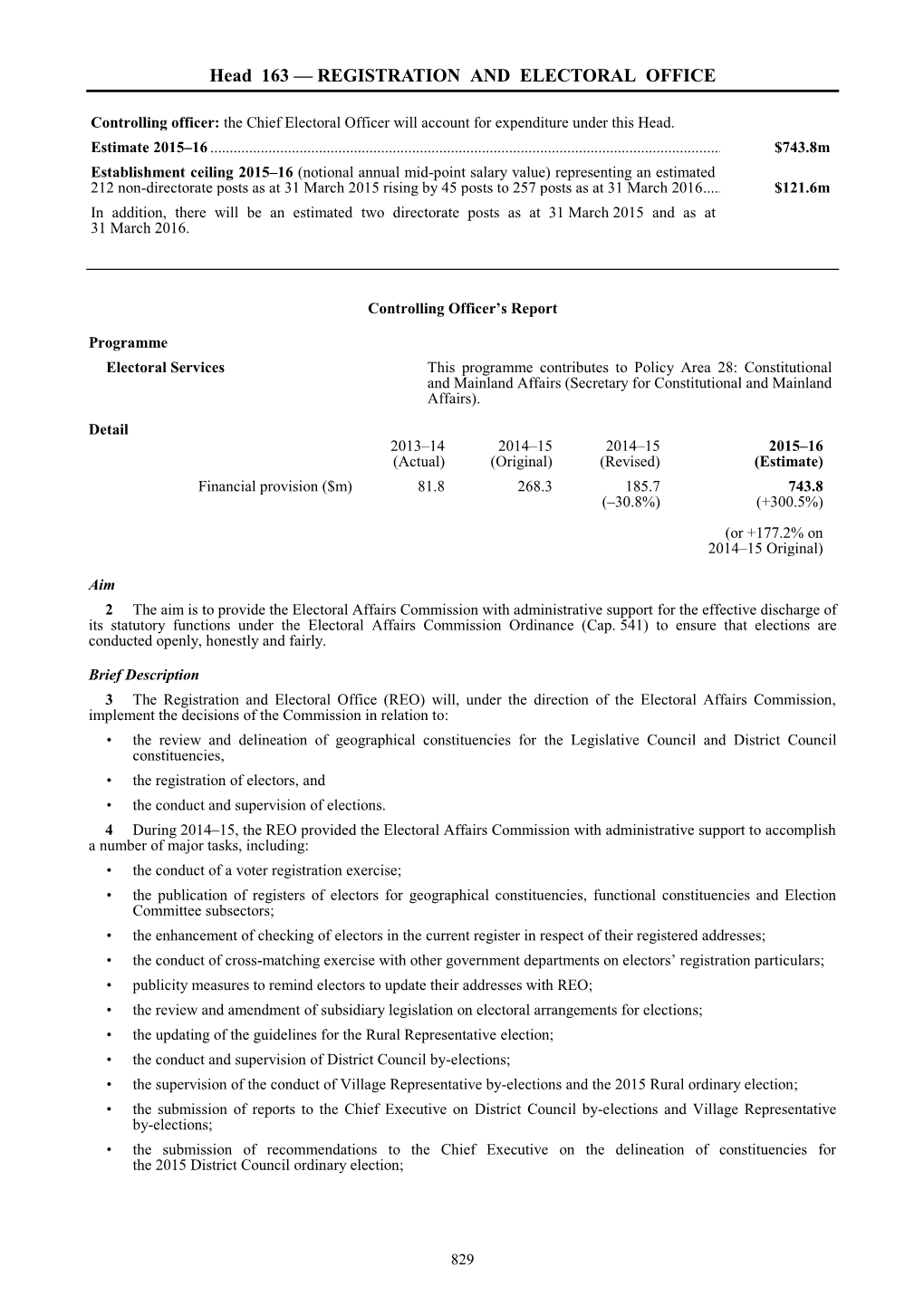 Head 163 — REGISTRATION and ELECTORAL OFFICE