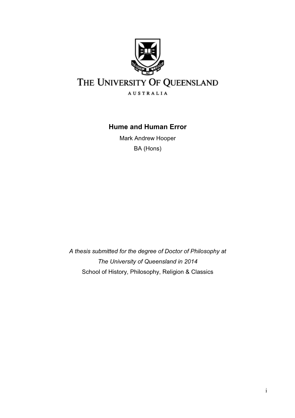 Hume and Human Error Mark Andrew Hooper BA (Hons)