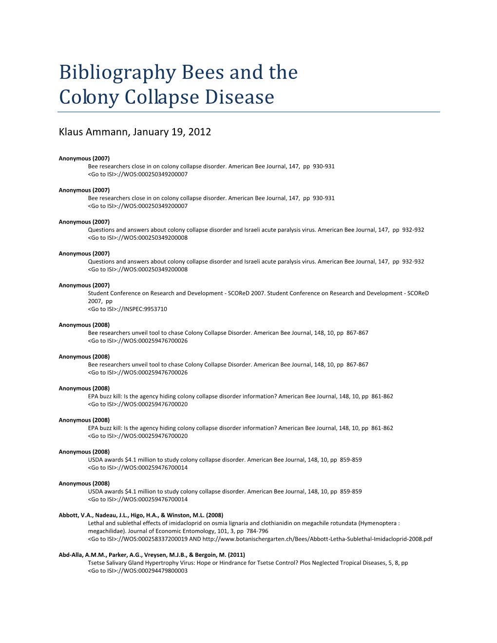 Bibliography Bees and the Colony Collapse Disease