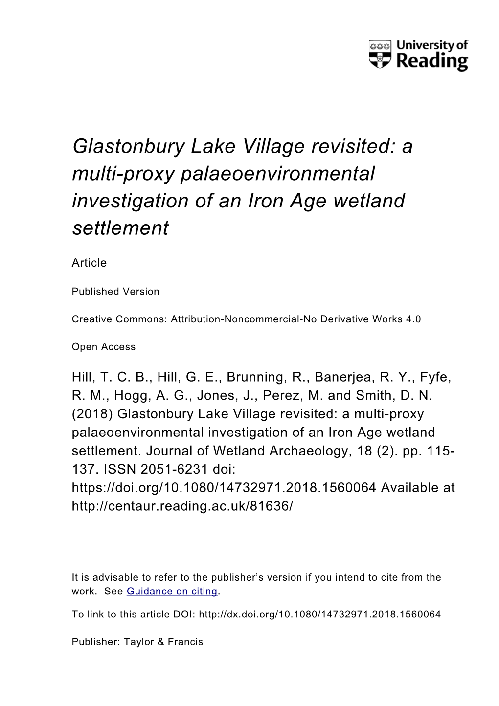 Glastonbury Lake Village Revisited: a Multi-Proxy Palaeoenvironmental Investigation of an Iron Age Wetland Settlement
