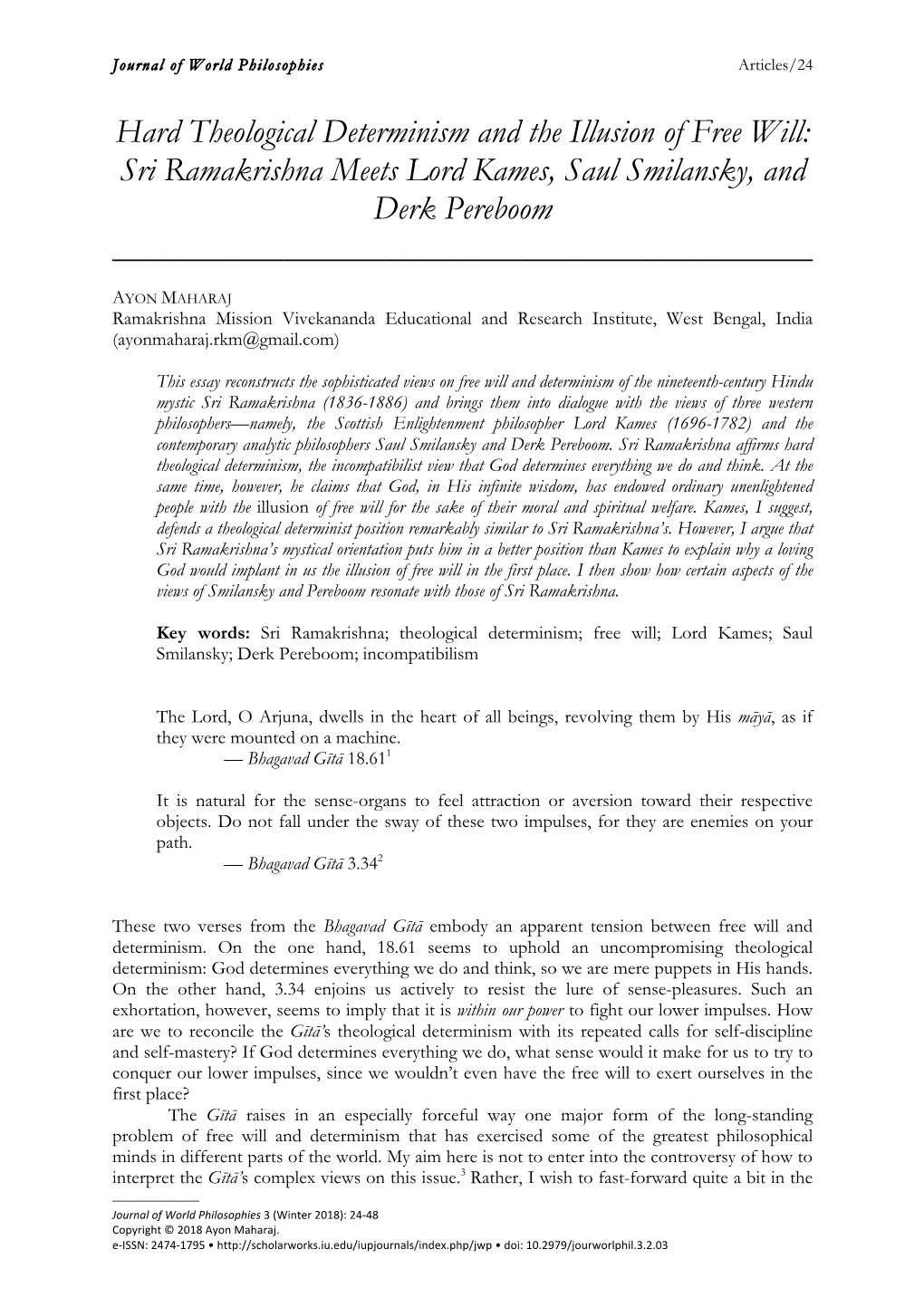 Hard Theological Determinism and the Illusion of Free Will: Sri Ramakrishna Meets Lord Kames, Saul Smilansky, and Derk Pereboom ______