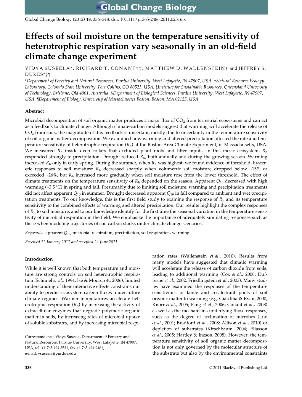 Effects of Soil Moisture on the Temperature Sensitivity of Heterotrophic Respiration Vary Seasonally in an Old-ﬁeld Climate Change Experiment