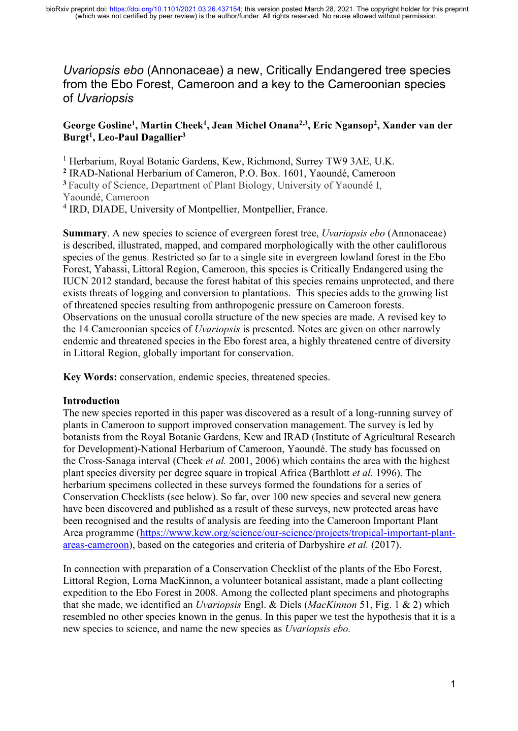 Uvariopsis Ebo (Annonaceae) a New, Critically Endangered Tree Species from the Ebo Forest, Cameroon and a Key to the Cameroonian Species of Uvariopsis