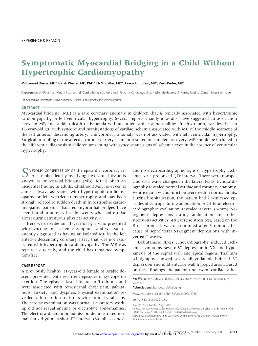 Symptomatic Myocardial Bridging in a Child Without Hypertrophic Cardiomyopathy