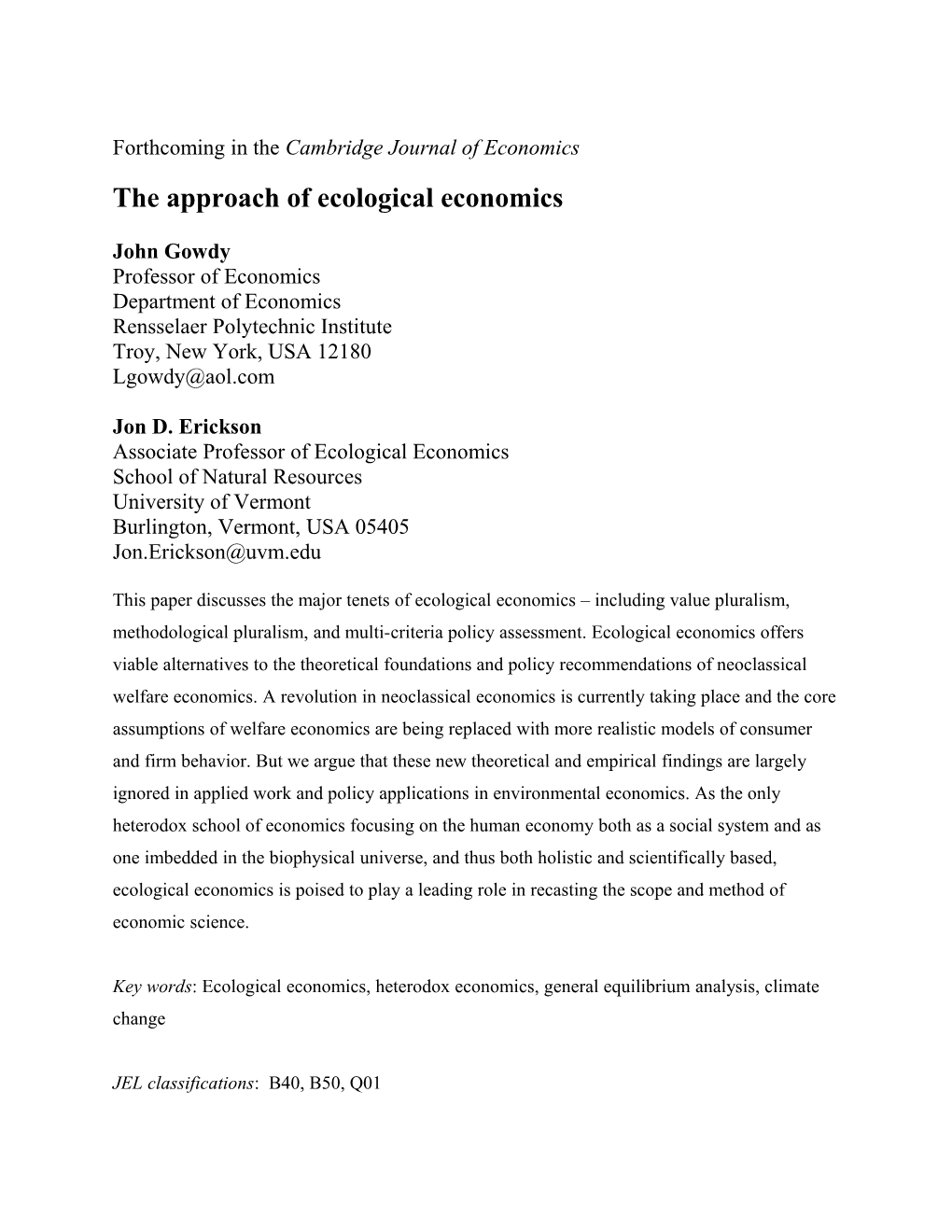 The Approach of Ecological Economics