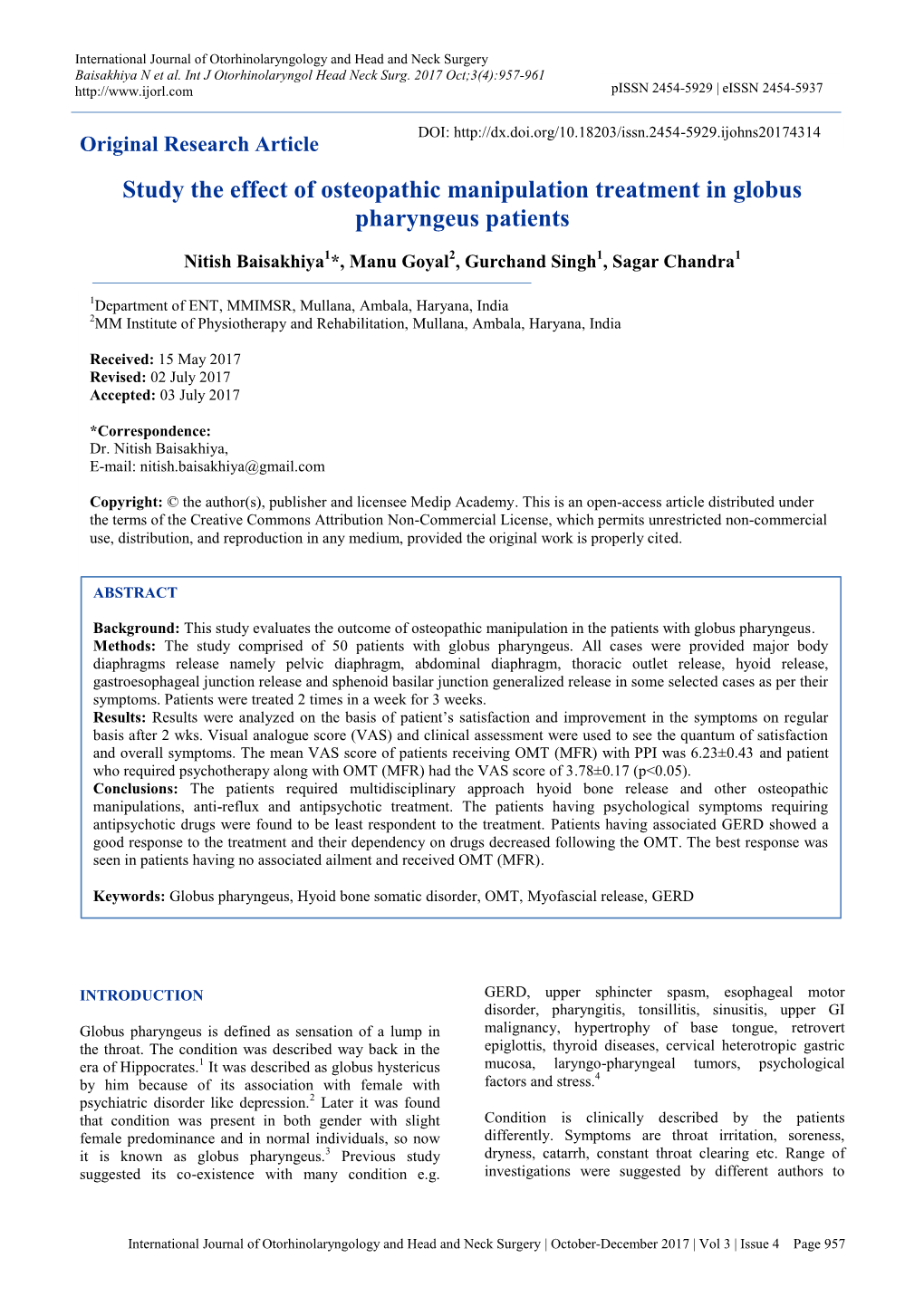 Study the Effect of Osteopathic Manipulation Treatment in Globus Pharyngeus Patients