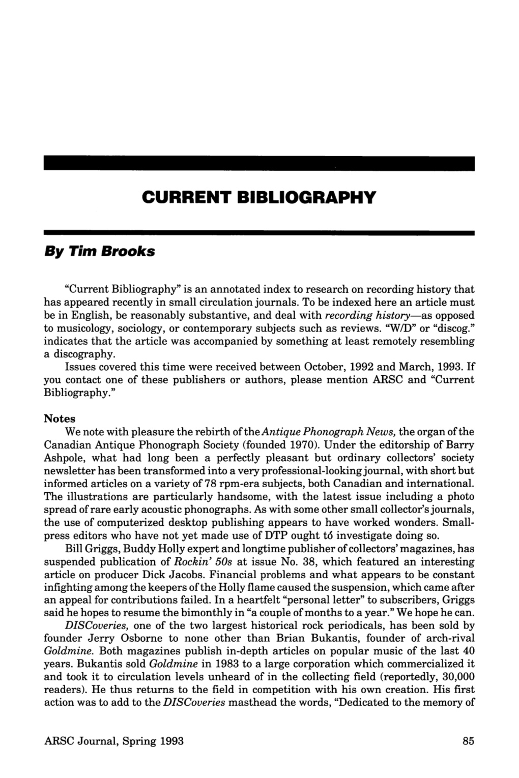 ARSC Journal, Spring 1993 85 Current Bibliography
