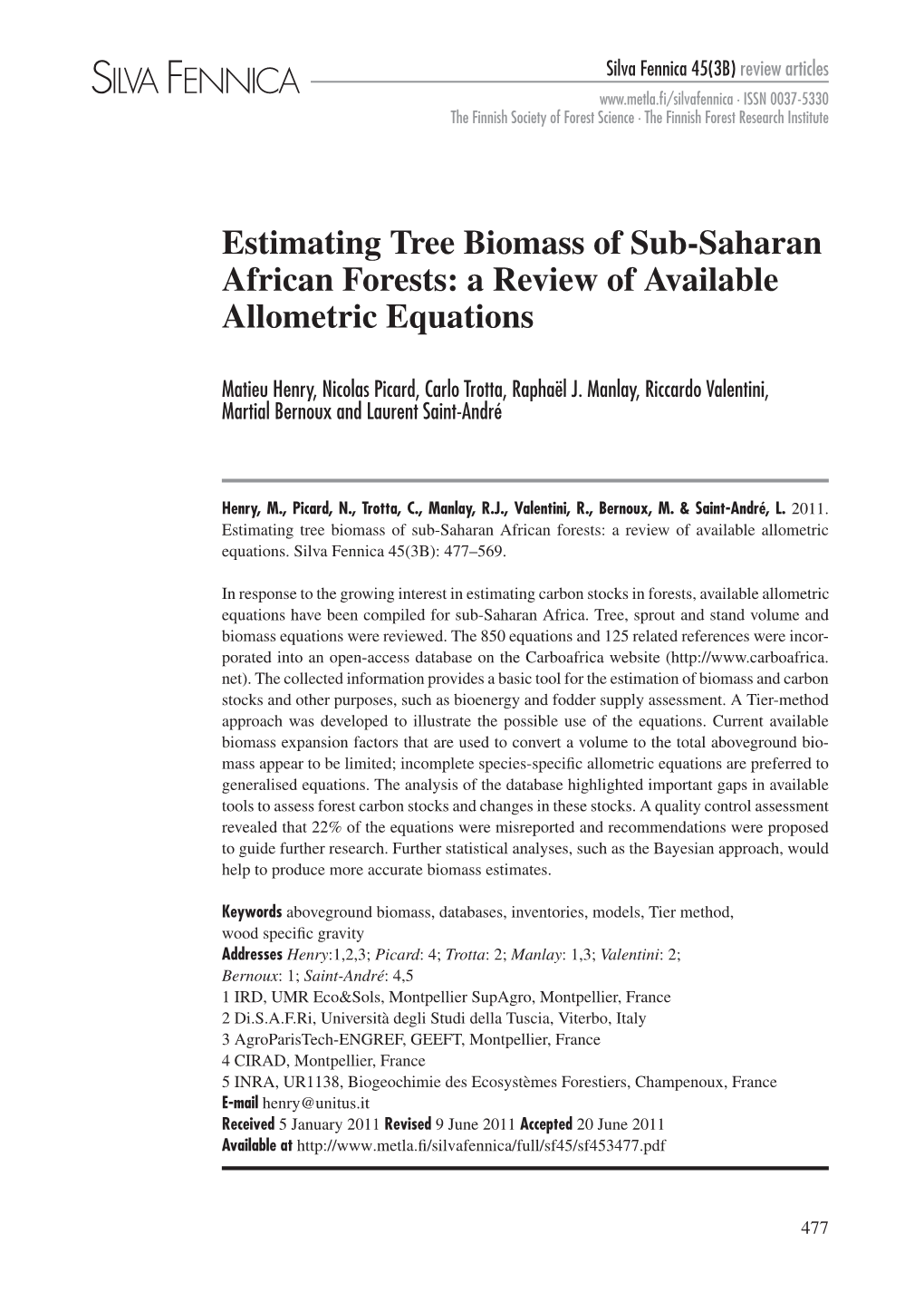 Estimating Tree Biomass of Sub-Saharan African Forests: a Review of Available Allometric Equations