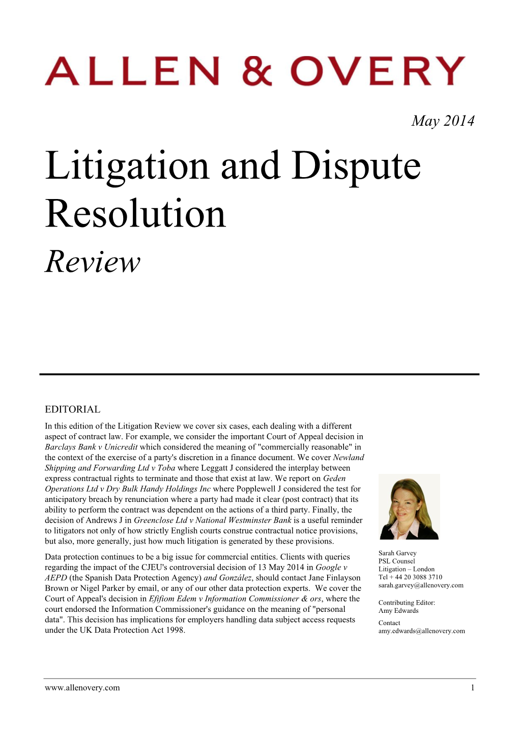 May 2014 Litigation and Dispute Resolution Review