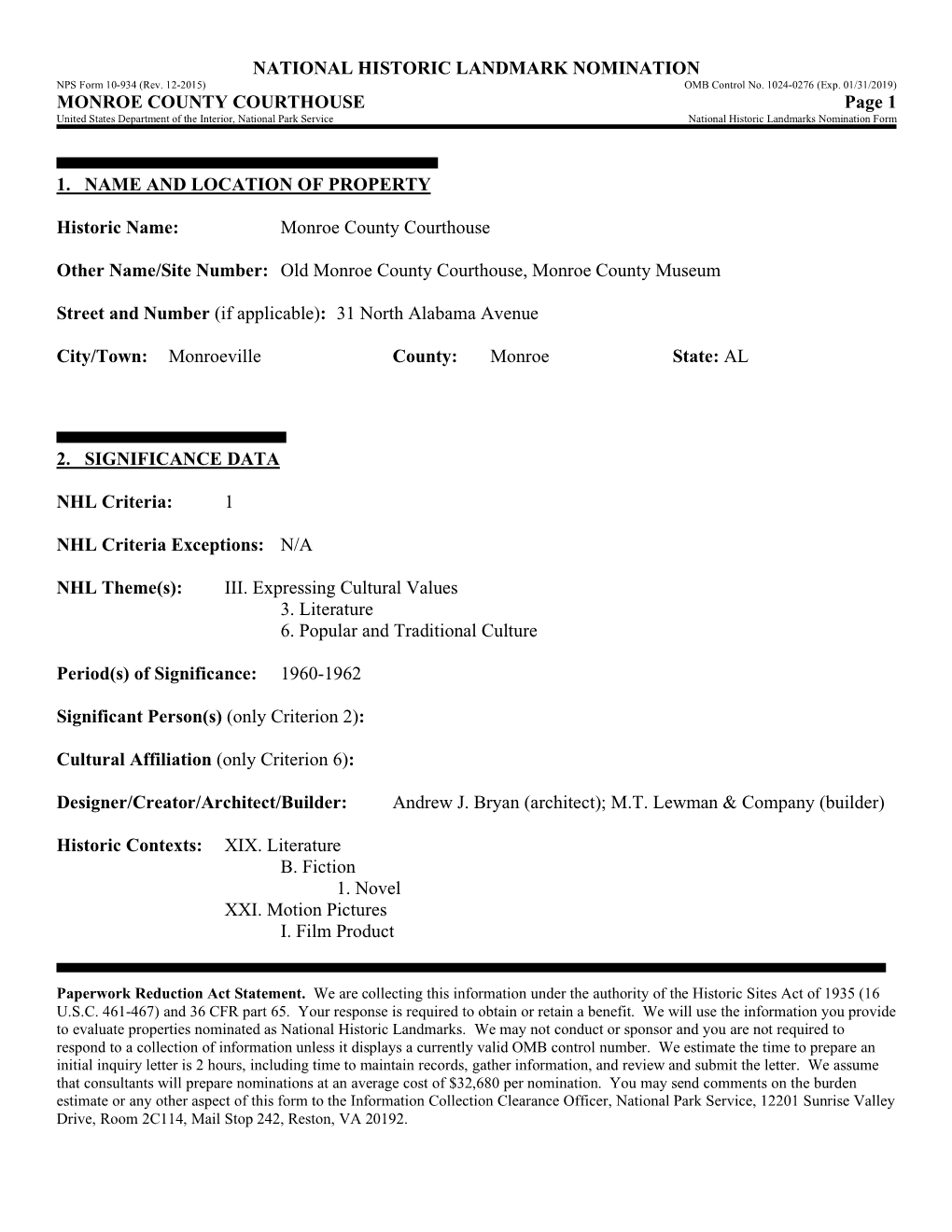 NOMINATION NPS Form 10-934 (Rev