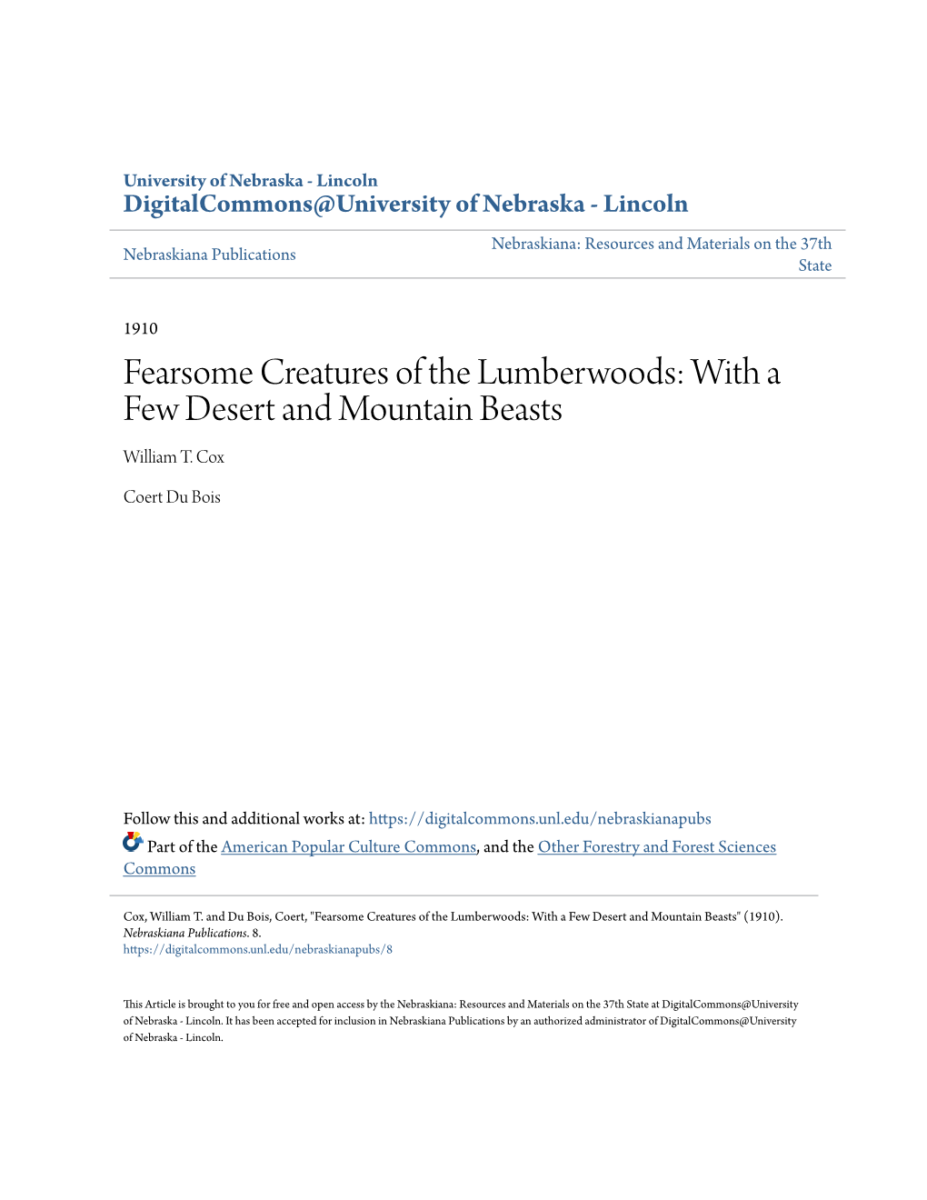 Fearsome Creatures of the Lumberwoods: with a Few Desert and Mountain Beasts William T