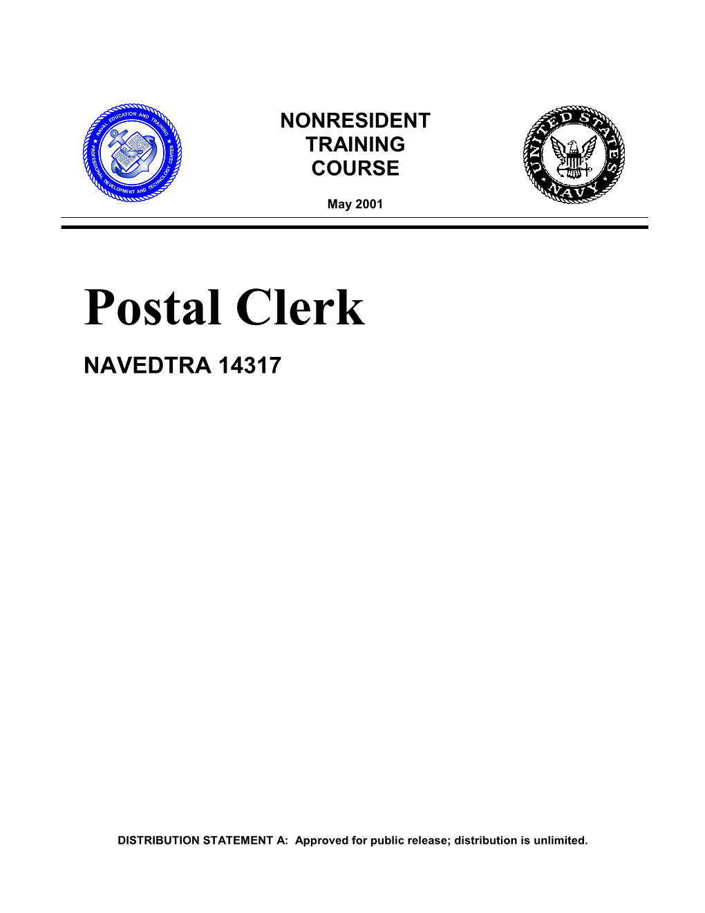 US Navy Course Postal Clerk NAVEDTRA