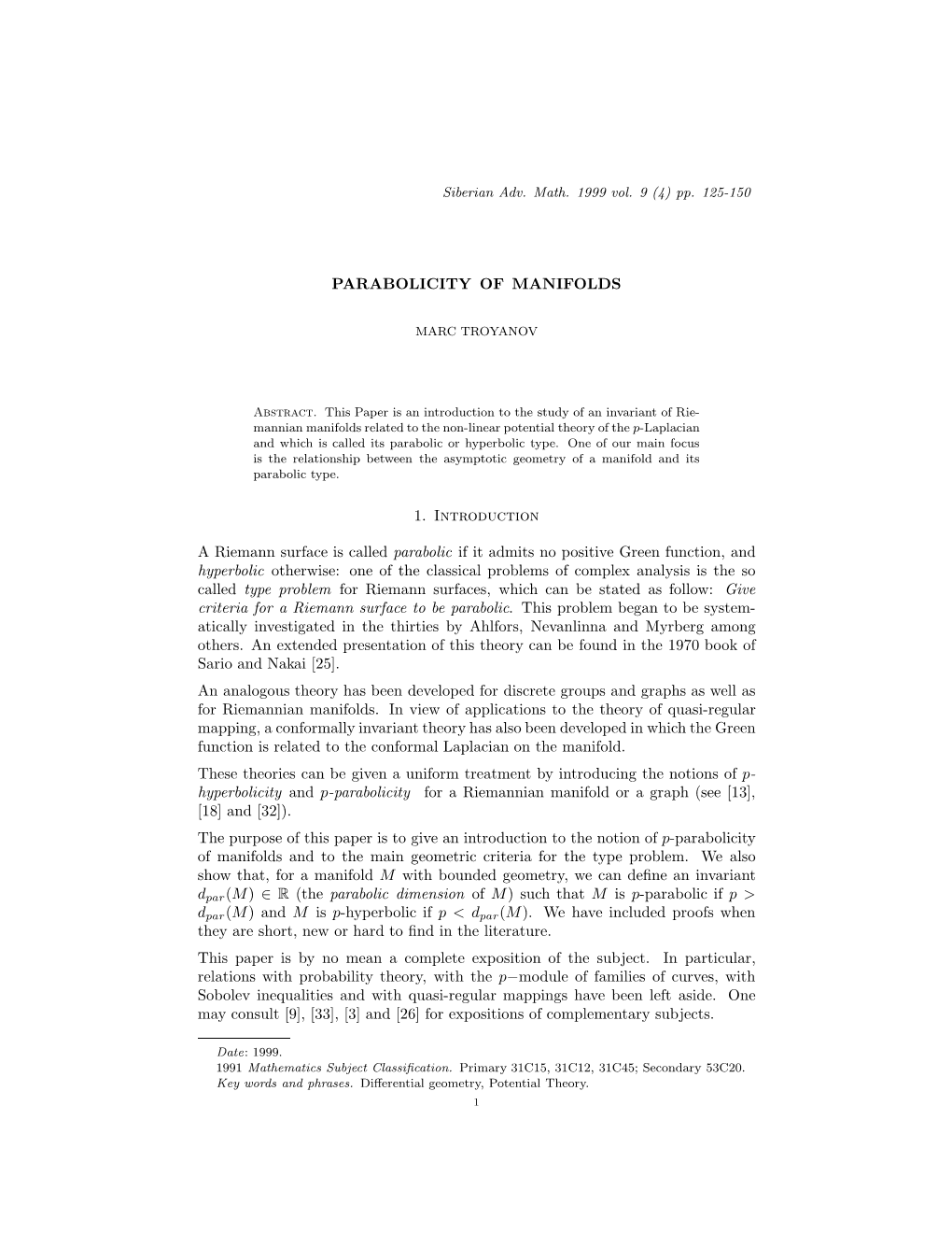 PARABOLICITY of MANIFOLDS 1. Introduction a Riemann Surface Is