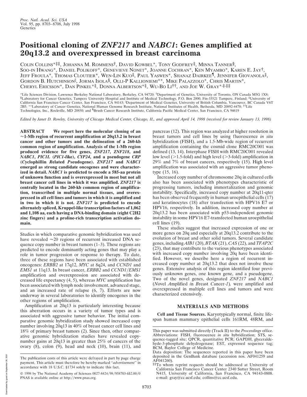 Positional Cloning of ZNF217 and NABC1: Genes Amplified at 20Q13.2 and Overexpressed in Breast Carcinoma