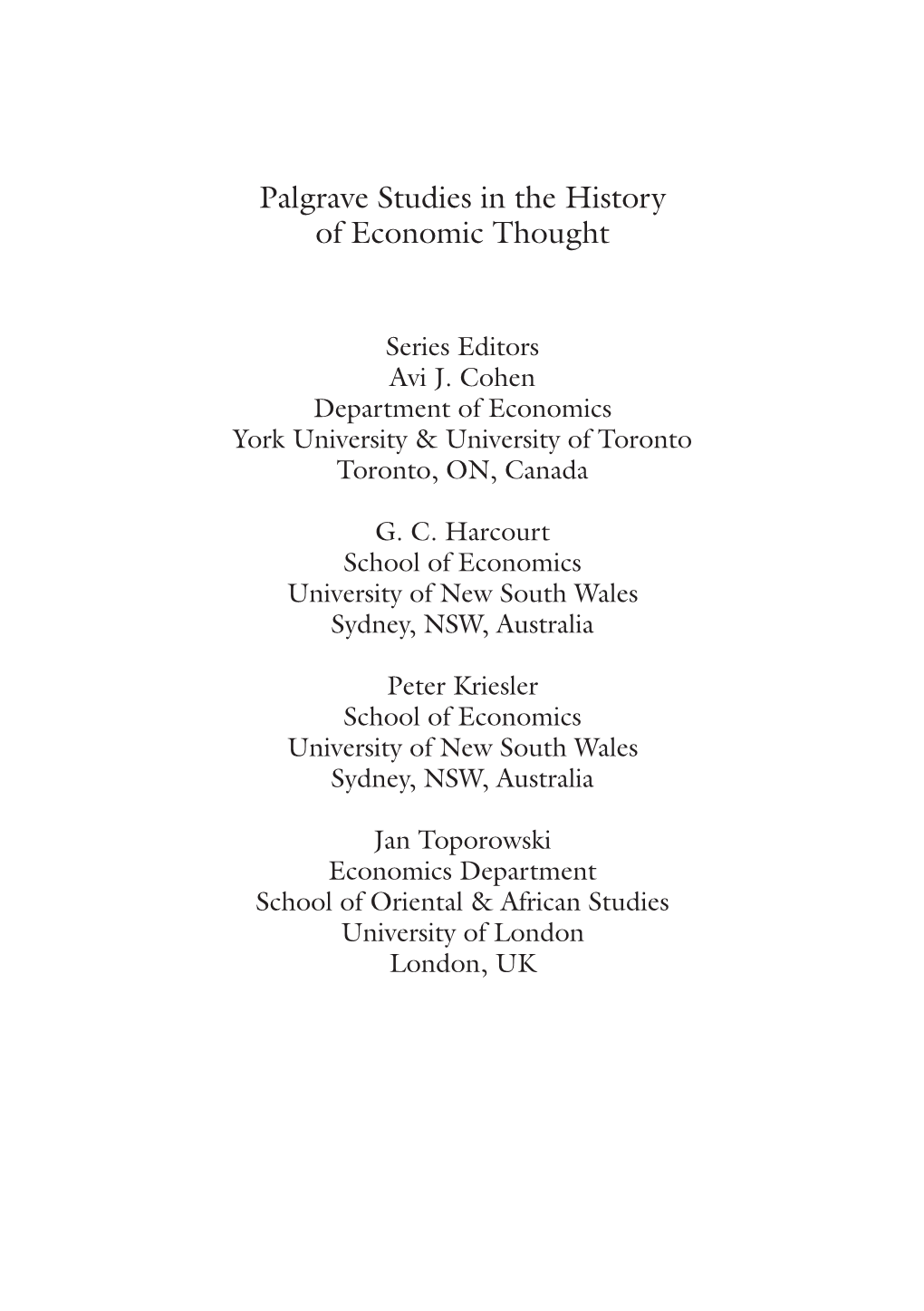 Palgrave Studies in the History of Economic Thought