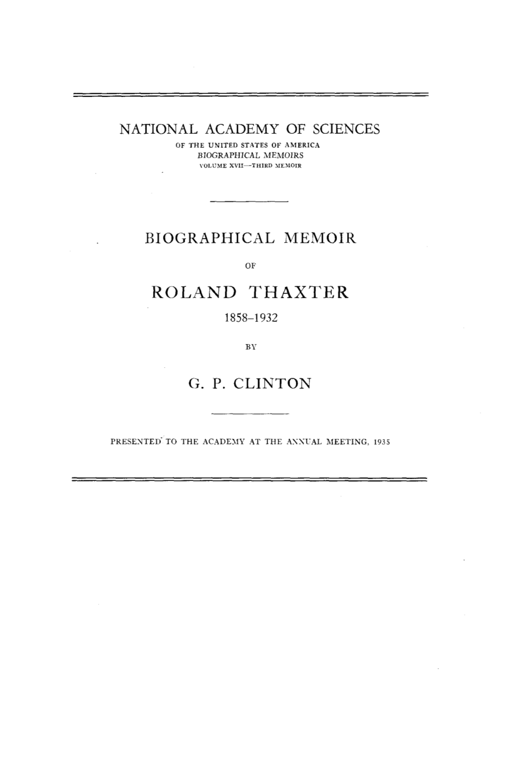 Biographical Memoir Roland Thaxter G. P. Clinton