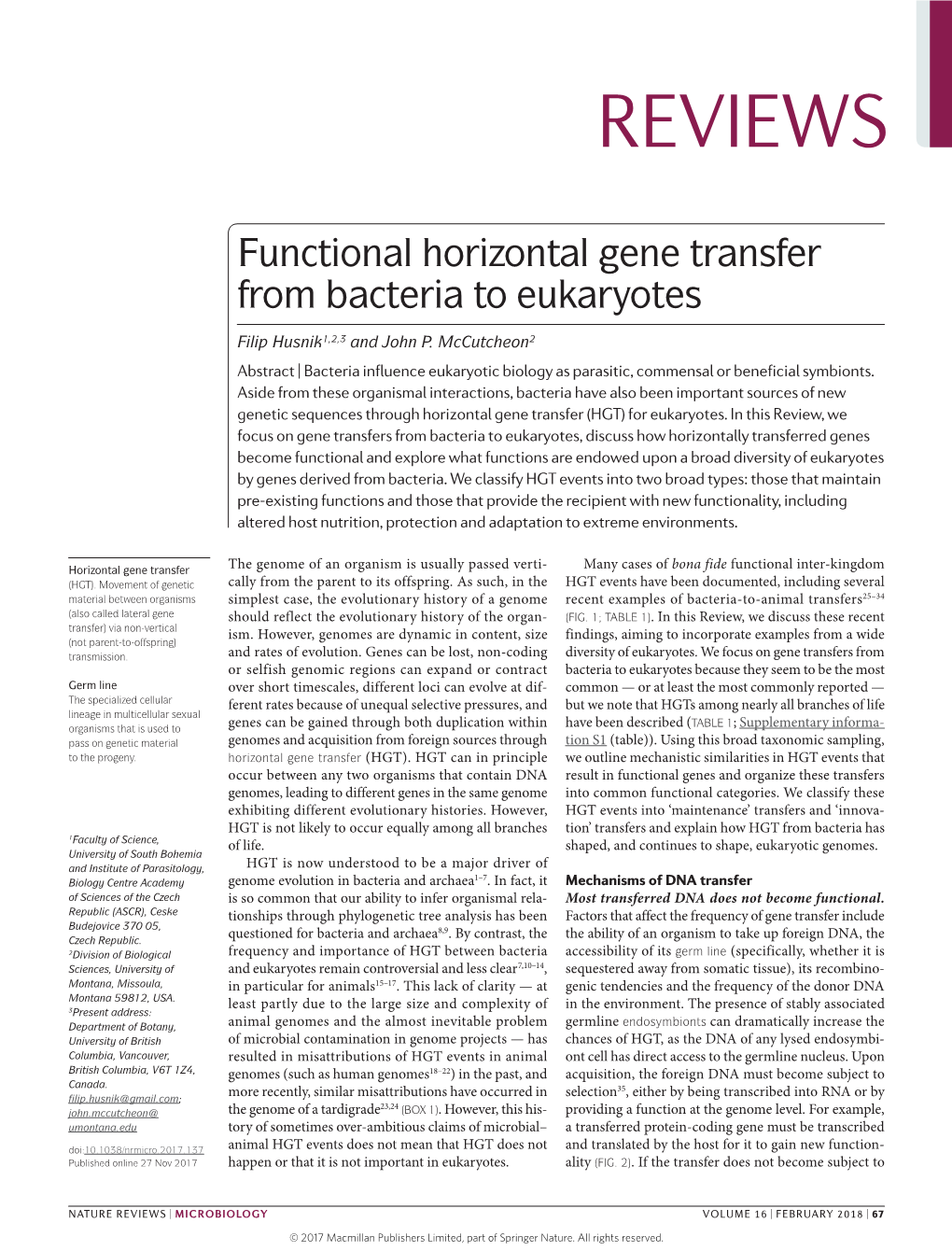 Functional Horizontal Gene Transfer from Bacteria to Eukaryotes
