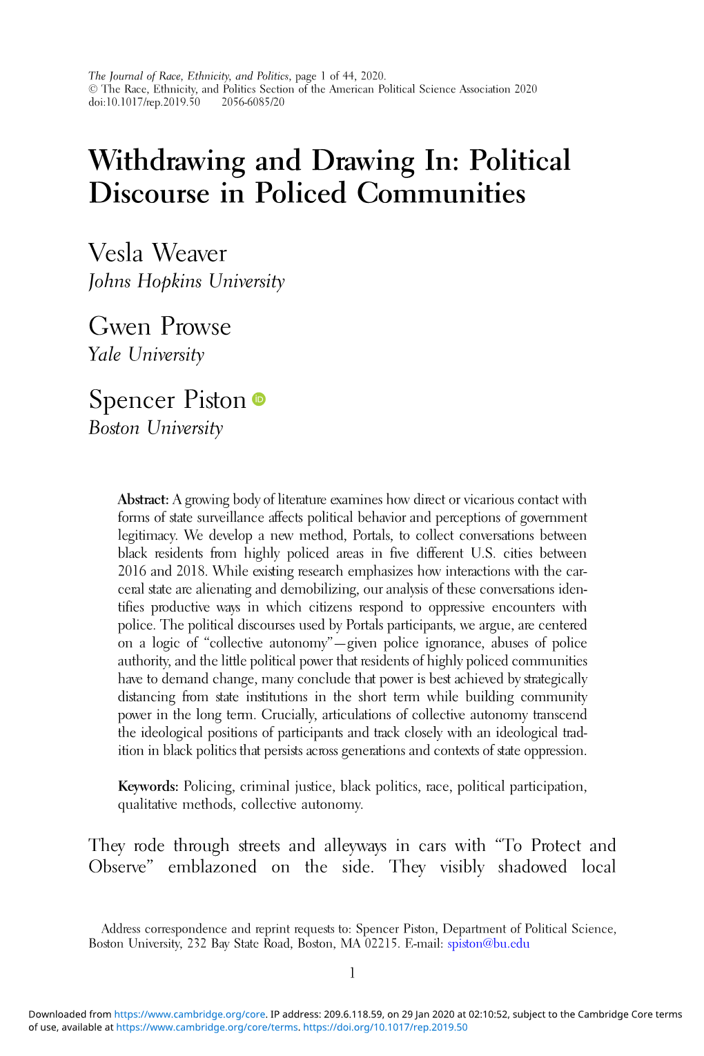 Withdrawing and Drawing In: Political Discourse in Policed Communities