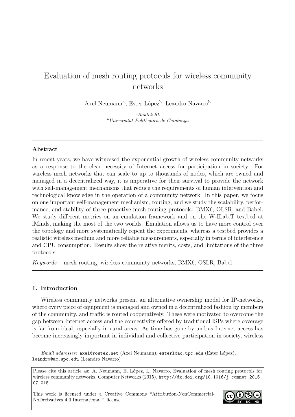 Evaluation of Mesh Routing Protocols for Wireless Community Networks