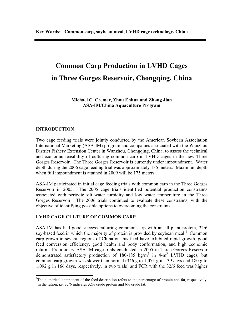 Common Carp Production in LVHD Cages in Three Gorges Reservoir, Chongqing, China