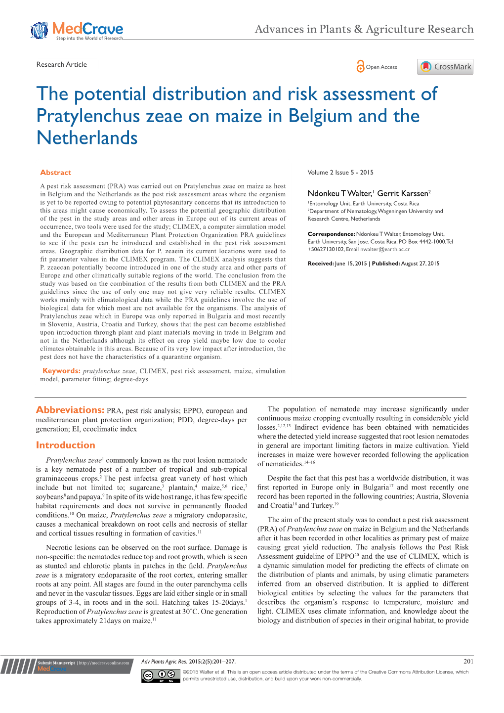 The Potential Distribution and Risk Assessment of Pratylenchus Zeae on Maize in Belgium and the Netherlands