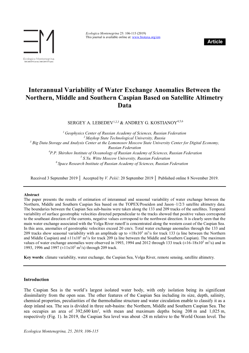 Interannual Variability of Water Exchange Anomalies Between the Northern, Middle and Southern Caspian Based on Satellite Altimetry Data