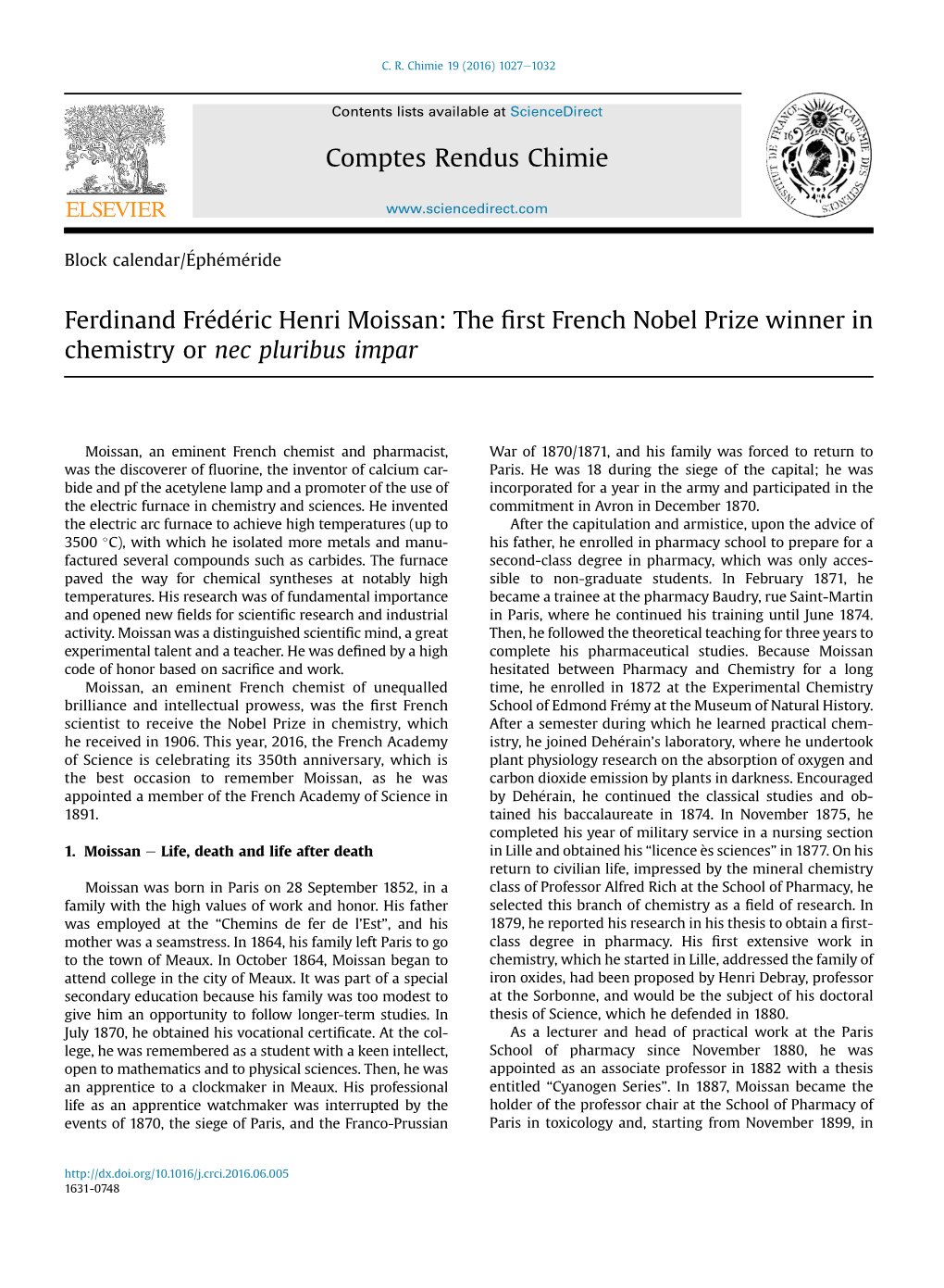 Ferdinand Frédéric Henri Moissan: the First French Nobel Prize Winner in Chemistry Or Nec Pluribus Impar