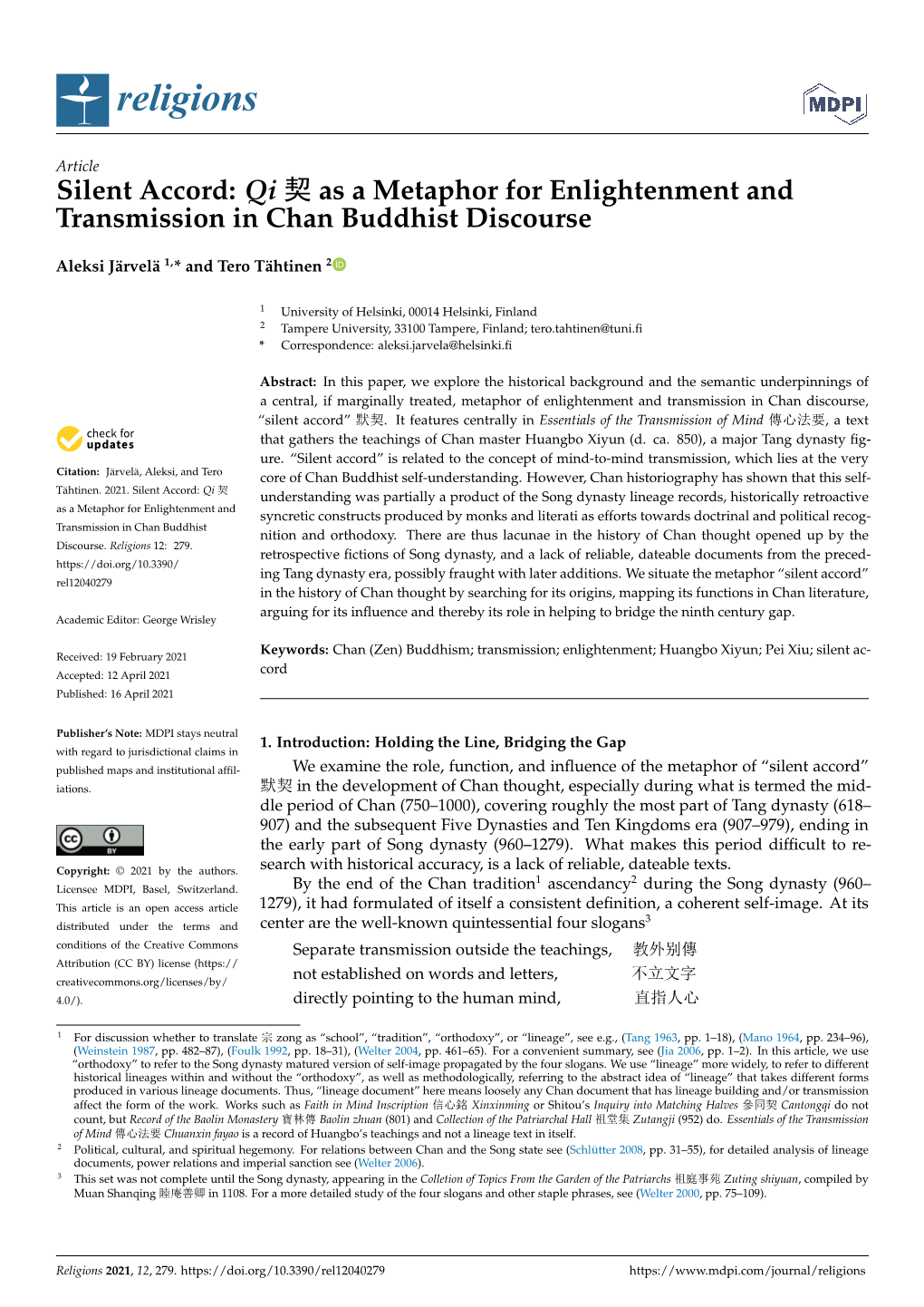 Silent Accord: Qi 契 As a Metaphor for Enlightenment and Transmission in Chan Buddhist Discourse