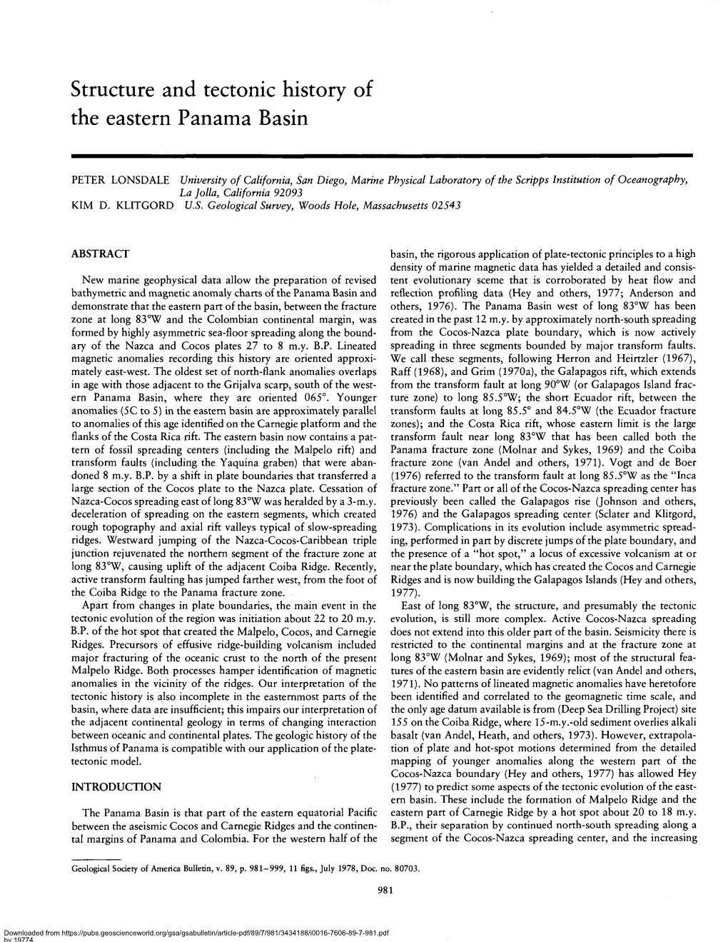 Structure and Tectonic History of the Eastern Panama Basin