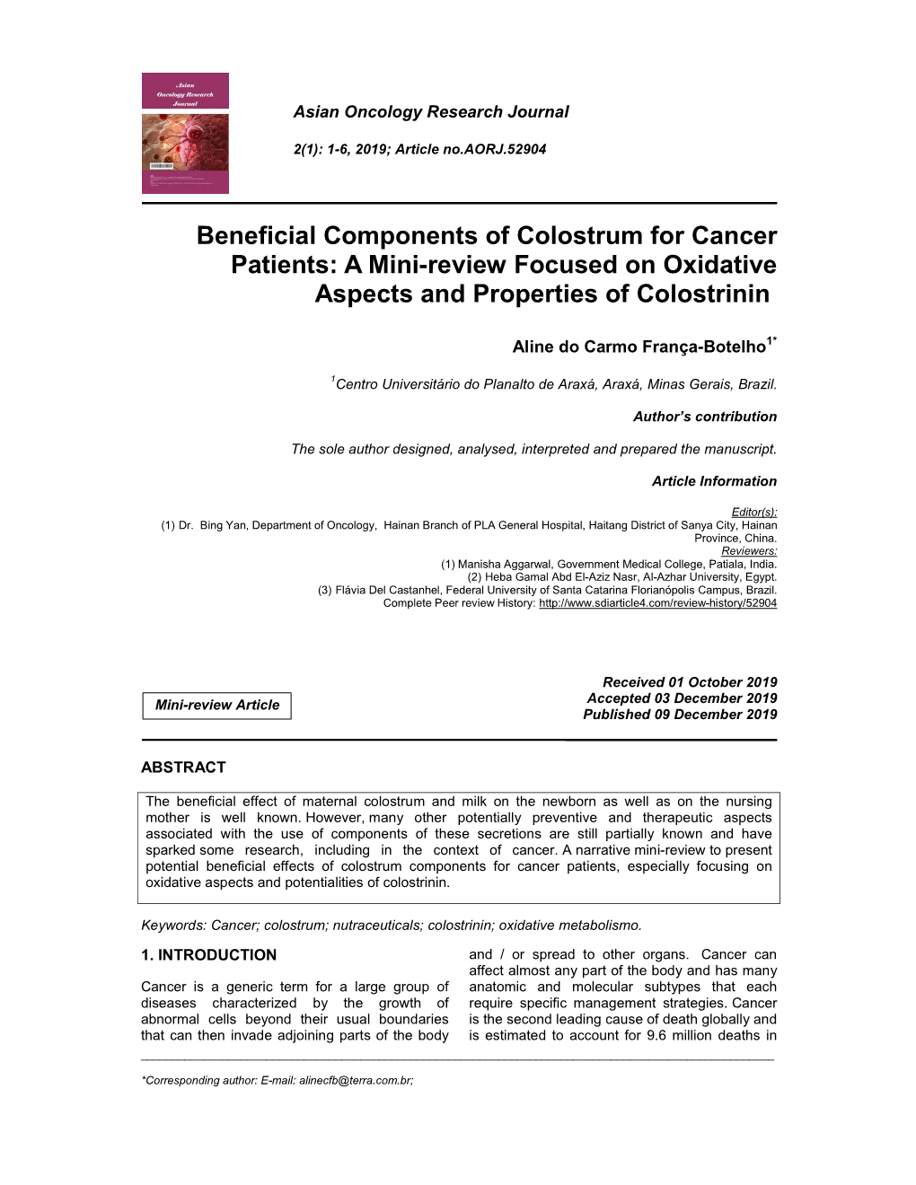 Beneficial Components of Colostrum for Cancer Patients: a Mini-Review Focused on Oxidative Aspects and Properties of Colostrinin