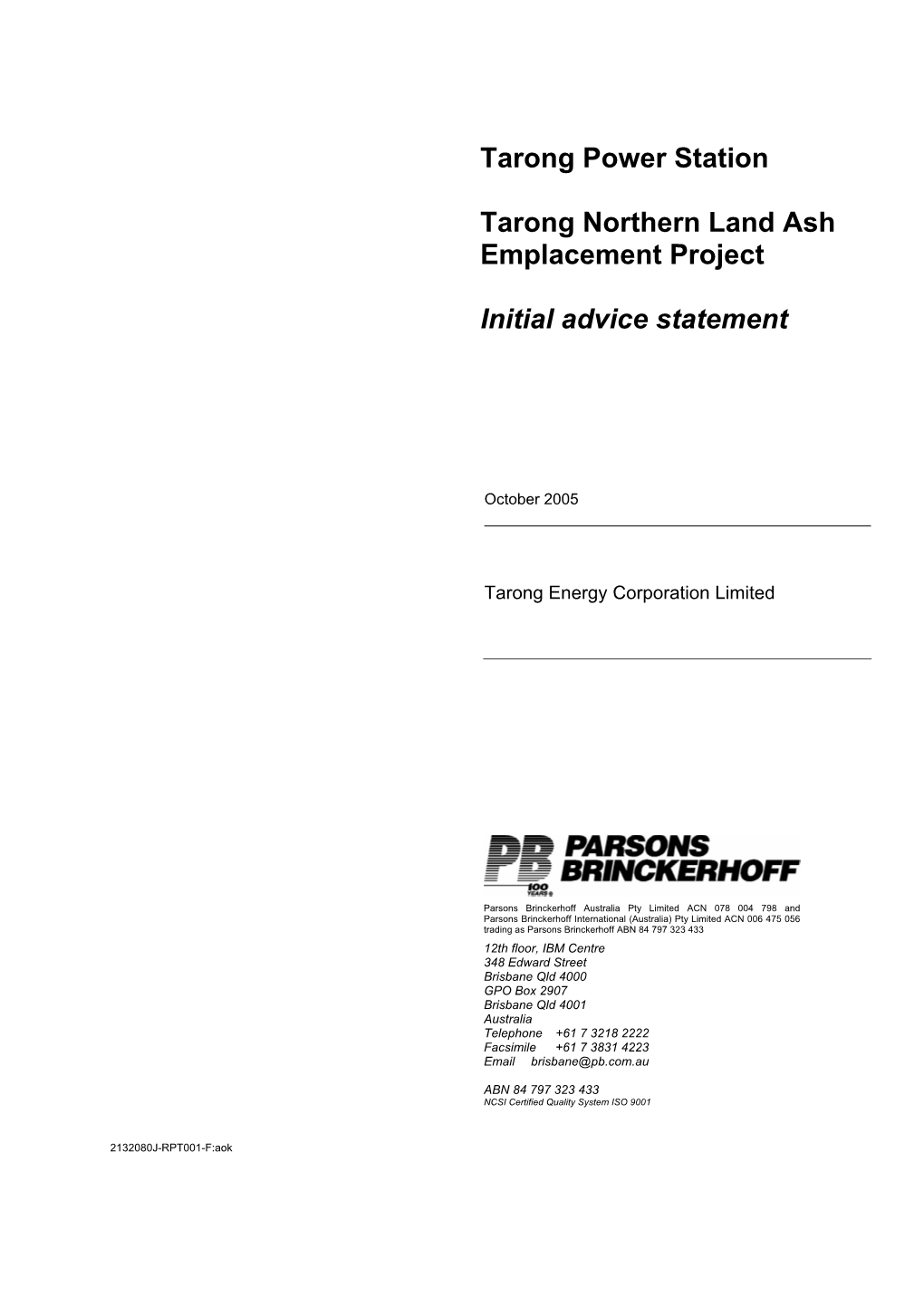 Tarong Northern Land Ash Emplacement Project Initial Advice Statement Contents
