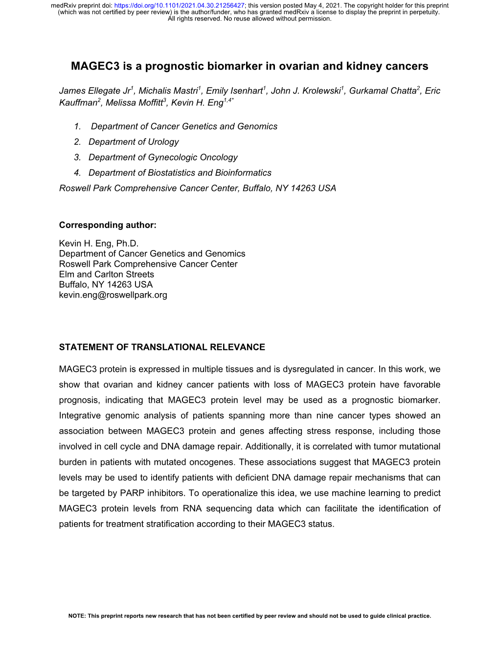 MAGEC3 Is a Prognostic Biomarker in Ovarian and Kidney Cancers