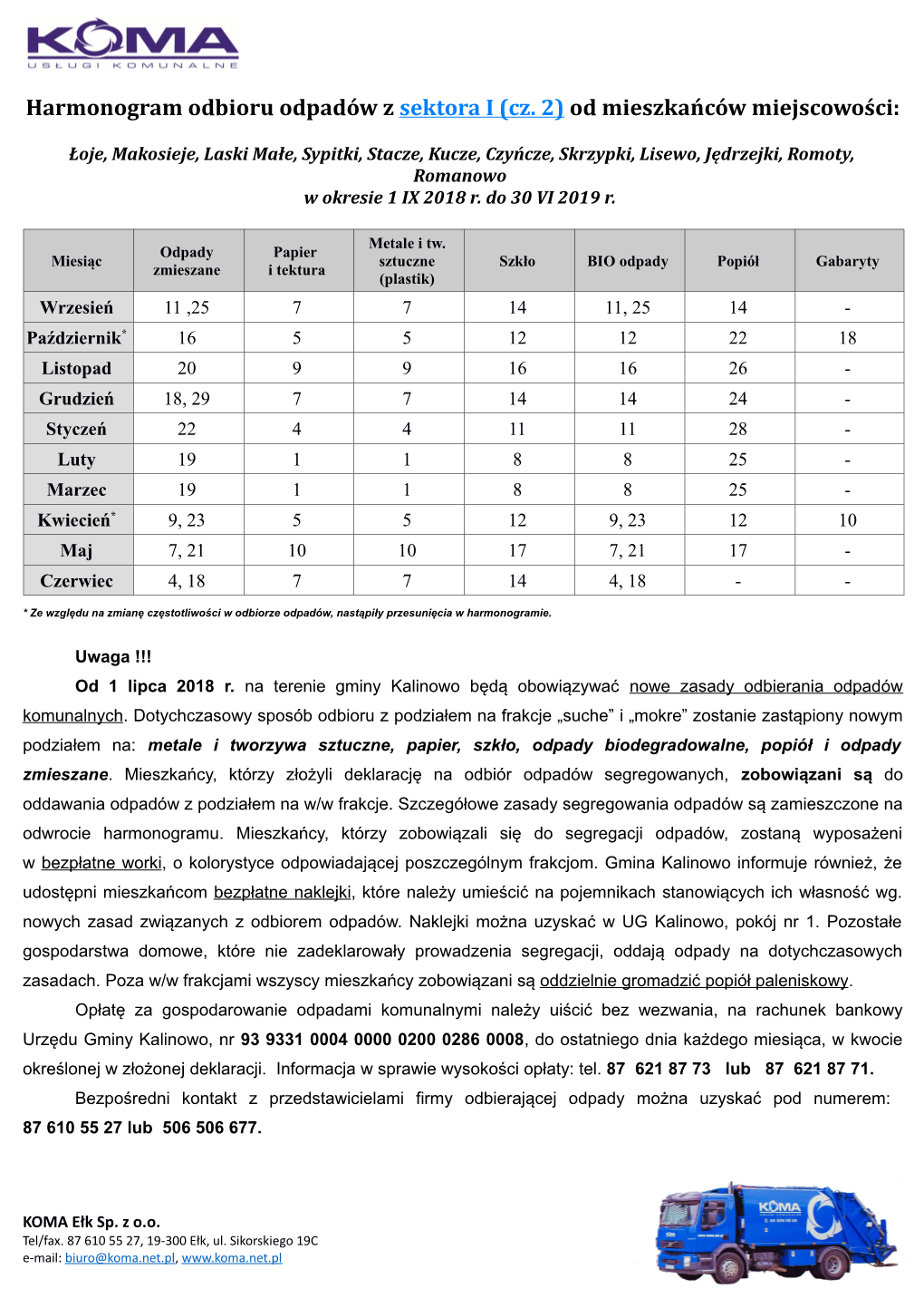 Harmonogram Odbioru Odpadów Z Sektora I (Cz. 2) Od Mieszkańców Miejscowości