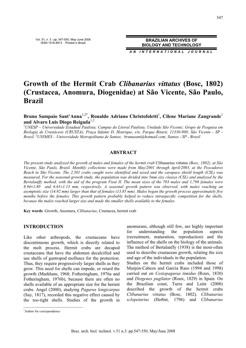 Growth of the Hermit Crab Clibanarius Vittatus (Bosc, 1802) (Crustacea, Anomura, Diogenidae) at São Vicente, São Paulo, Brazil