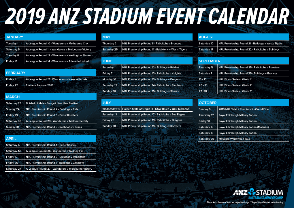 2019 Anz Stadium Event Calendar