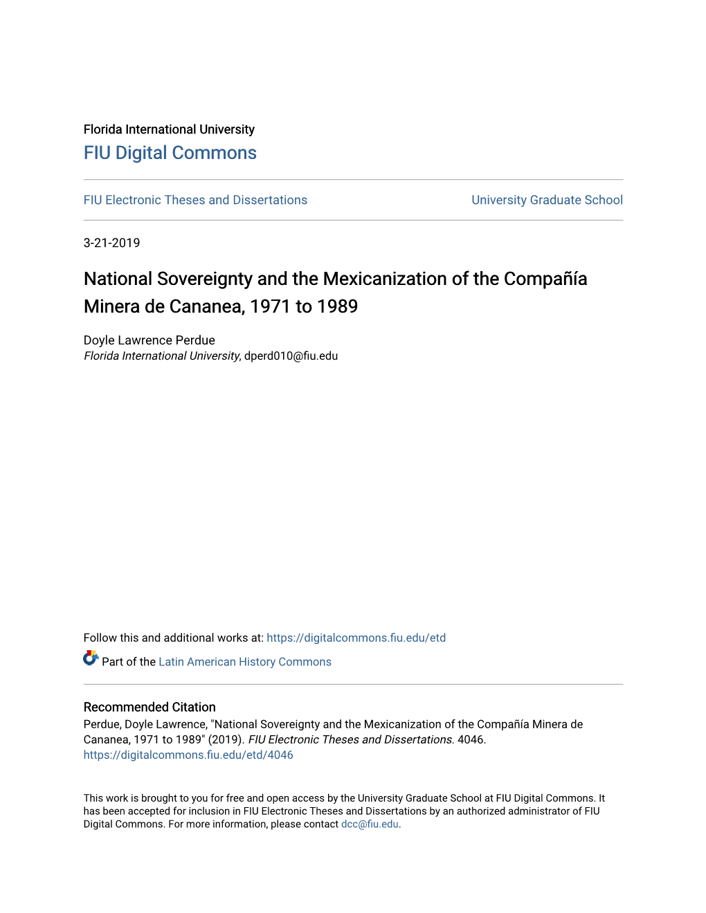 National Sovereignty and the Mexicanization of the Compañía Minera De Cananea, 1971 to 1989
