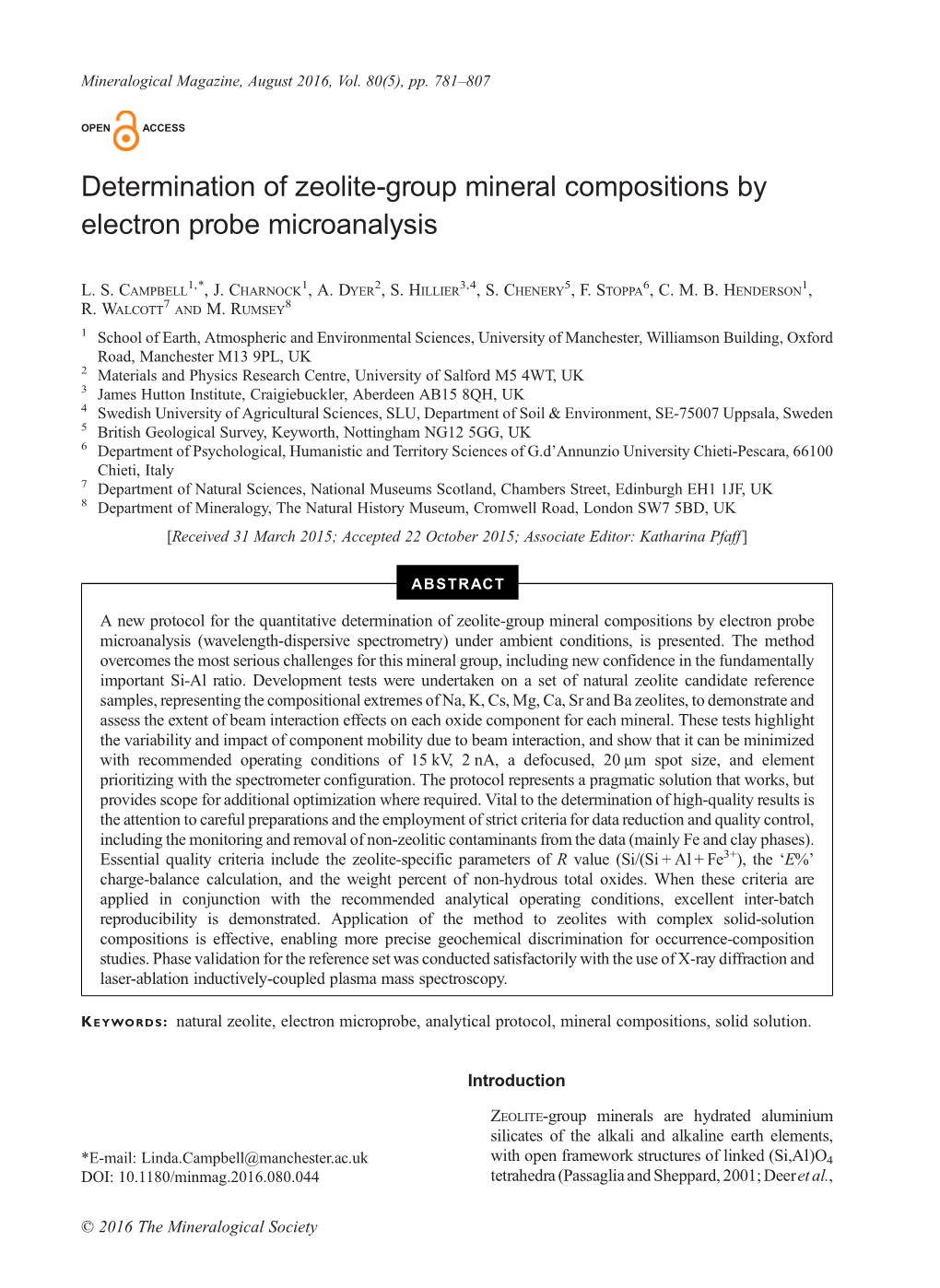 Determination of Zeolite-Group Mineral Compositions by Electron Probe Microanalysis