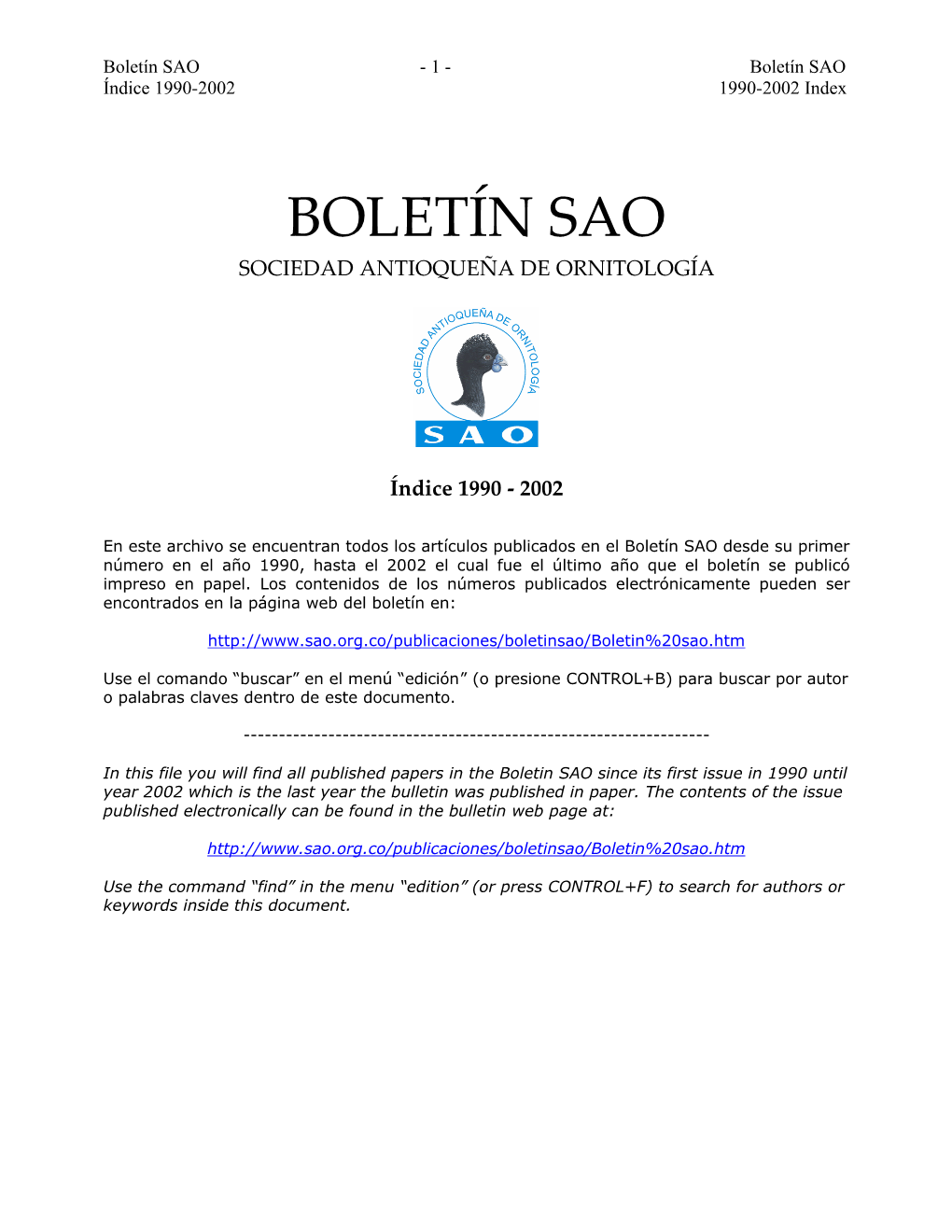 Boletín SAO - 1 - Boletín SAO Índice 1990-2002 1990-2002 Index