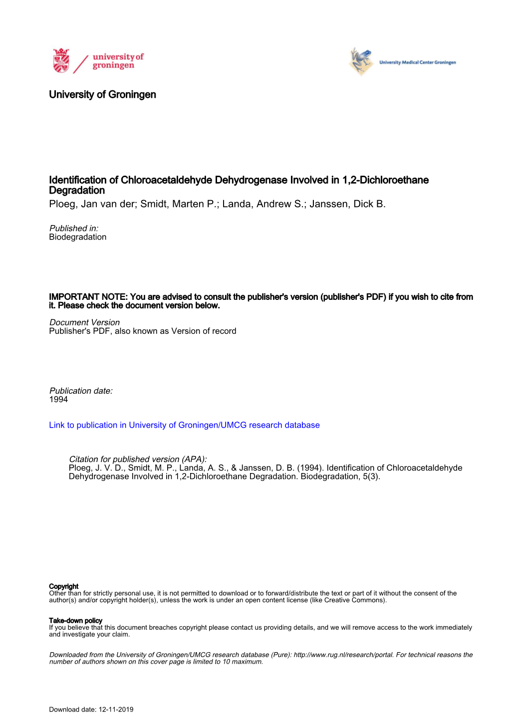 University of Groningen Identification of Chloroacetaldehyde