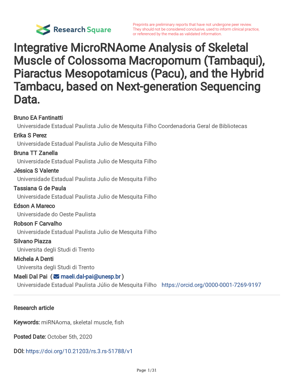 Integrative Micrornaome Analysis of Skeletal Muscle of Colossoma Macropomum (Tambaqui), Piaractus Mesopotamicus (Pacu), And