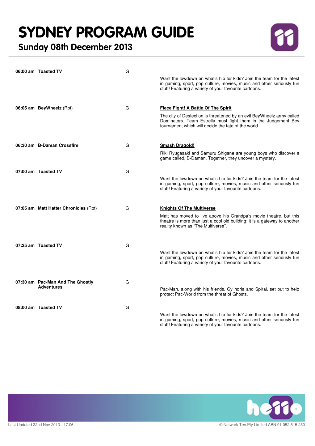 SYDNEY PROGRAM GUIDE Sunday 08Th December 2013