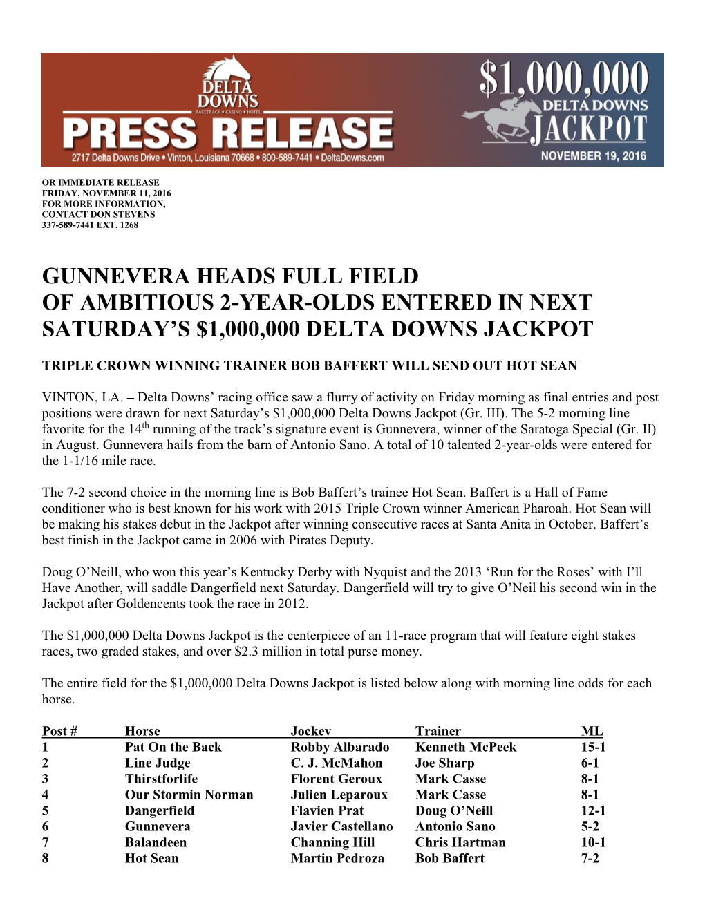 Gunnevera Heads Full Field of Ambitious 2-Year-Olds Entered in Next Saturday's $1,000,000 Delta Downs Jackpot