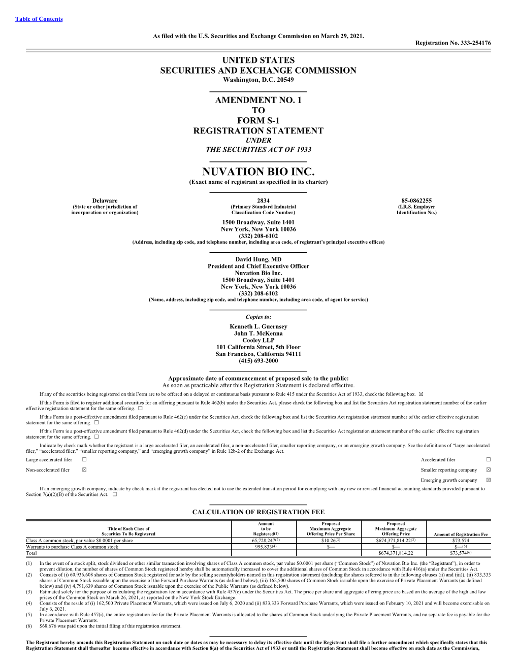 NUVATION BIO INC. (Exact Name of Registrant As Specified in Its Charter)