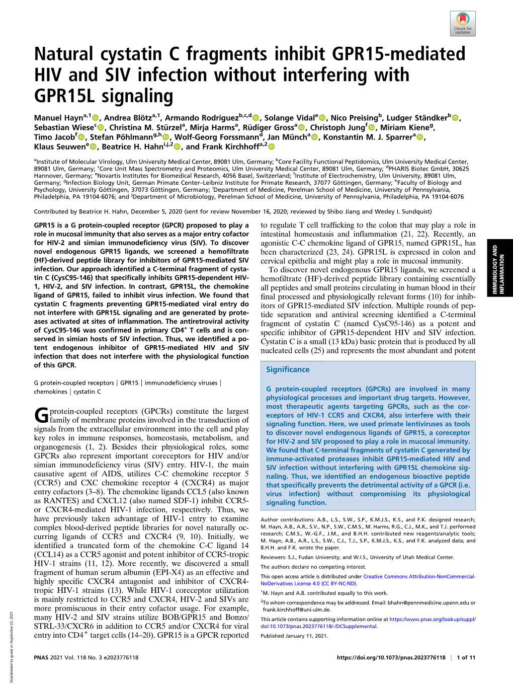 Natural Cystatin C Fragments Inhibit GPR15-Mediated HIV and SIV Infection Without Interfering with GPR15L Signaling