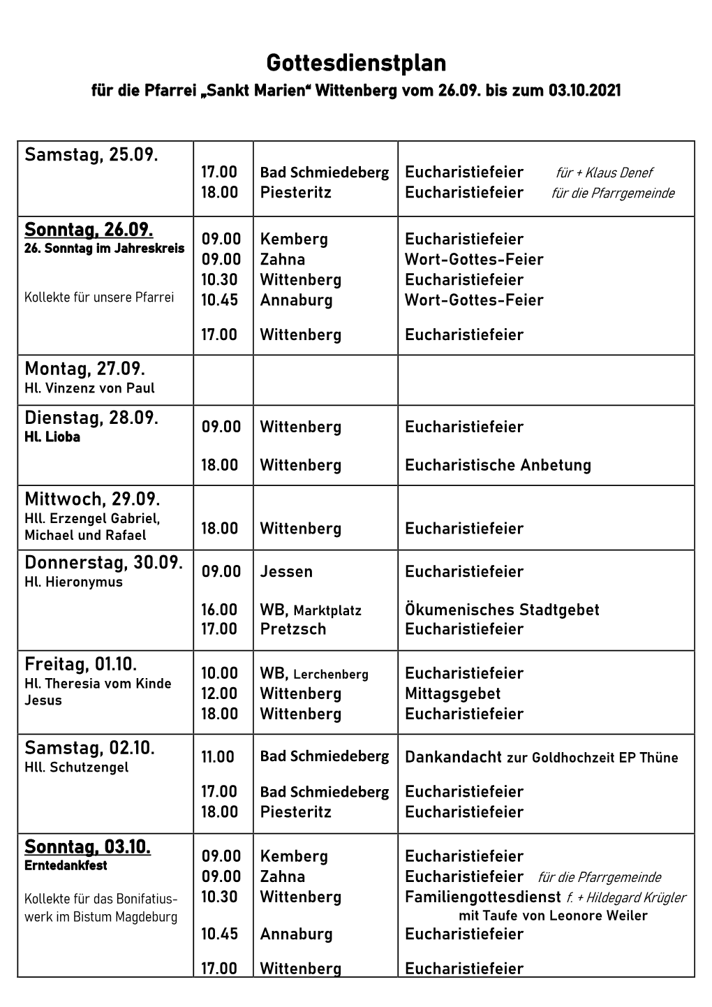 Gottesdienstplan Für Die Pfarrei „Sankt Marien“ Wittenberg Vom 26.09