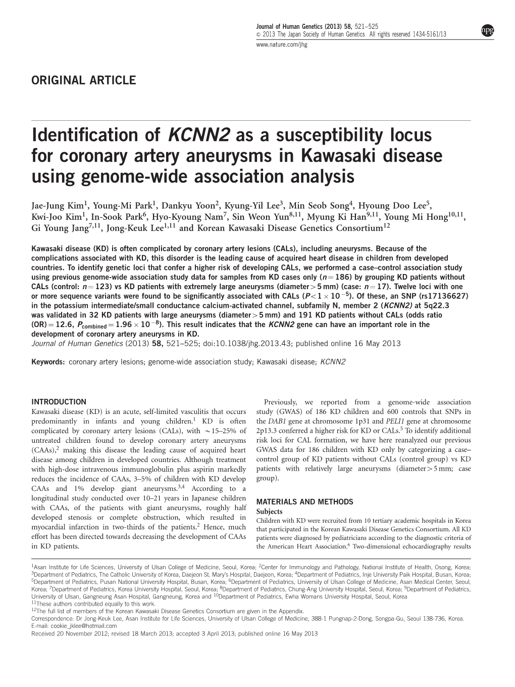 Identification of KCNN2 As a Susceptibility Locus for Coronary