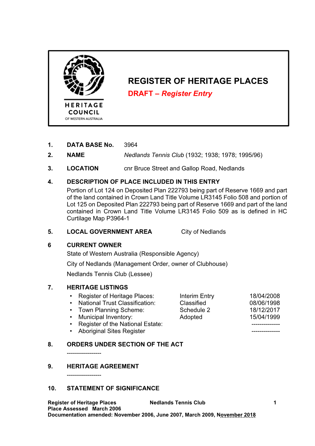 REGISTER of HERITAGE PLACES DRAFT – Register Entry